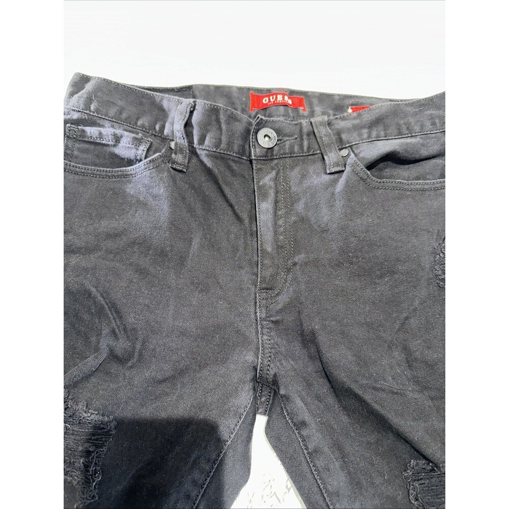GUESS Modern Skinny Avalon Fit Mens Black Jeans 33x32 Distressed Triangle Logo
